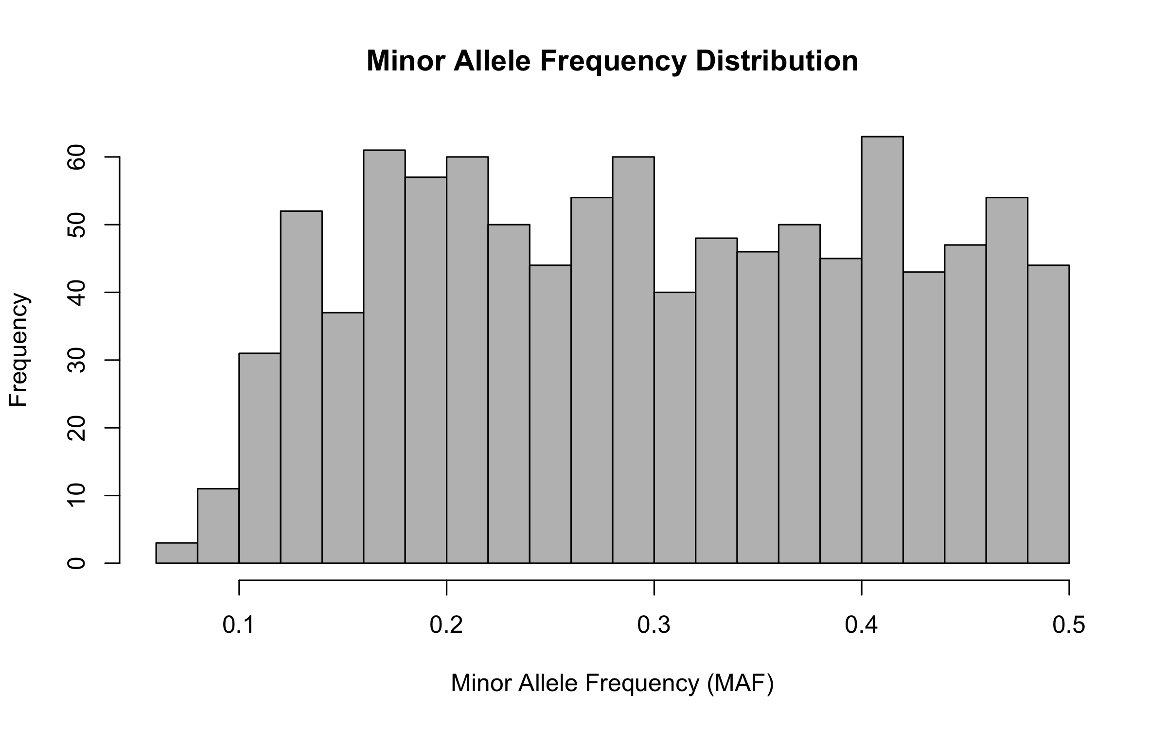 Histogram of marker minor allele frequencies after quality filtering