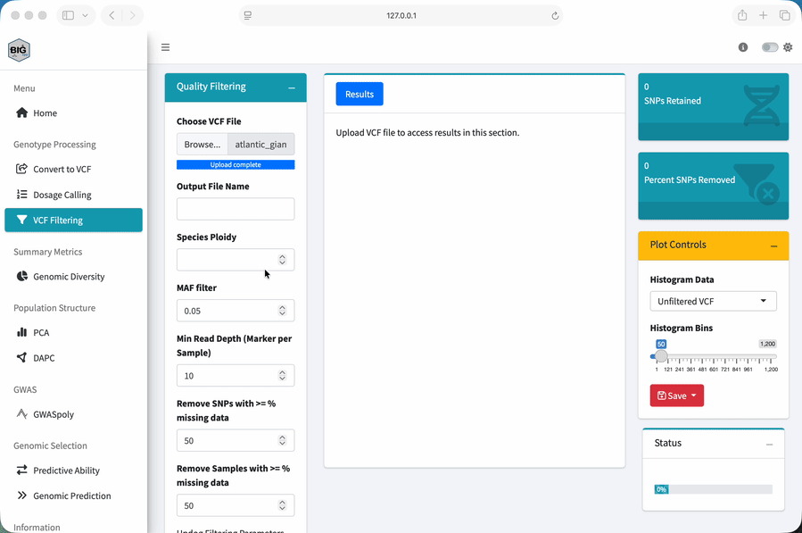 Animation entering quality thresholds and applying VCF filters in BIGapp