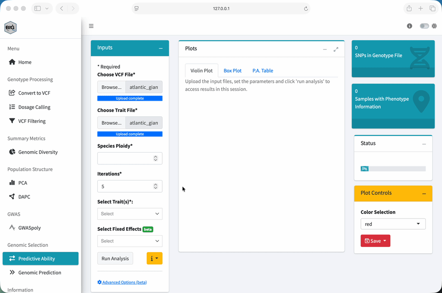 Animation configuring and running genomic prediction controls in BIGapp