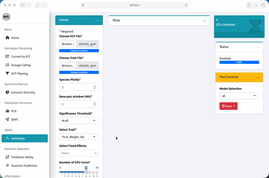 Animation uploading genotype and trait files and running an association analysis in BIGapp
