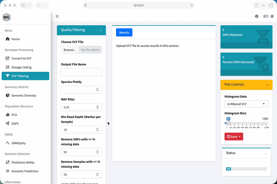 Animation selecting a VCF and a trait CSV with BIGapp file inputs